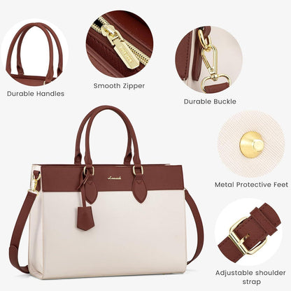 Laptoptasche Damen 15,6 Zoll mit Handgelenktasche, wasserdicht, beige+braun