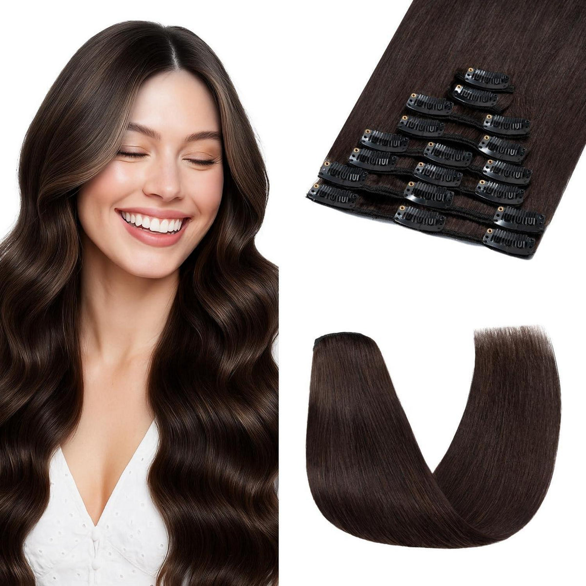 Clip-in Haarverlängerung Echthaar Dunkelbraun 50cm