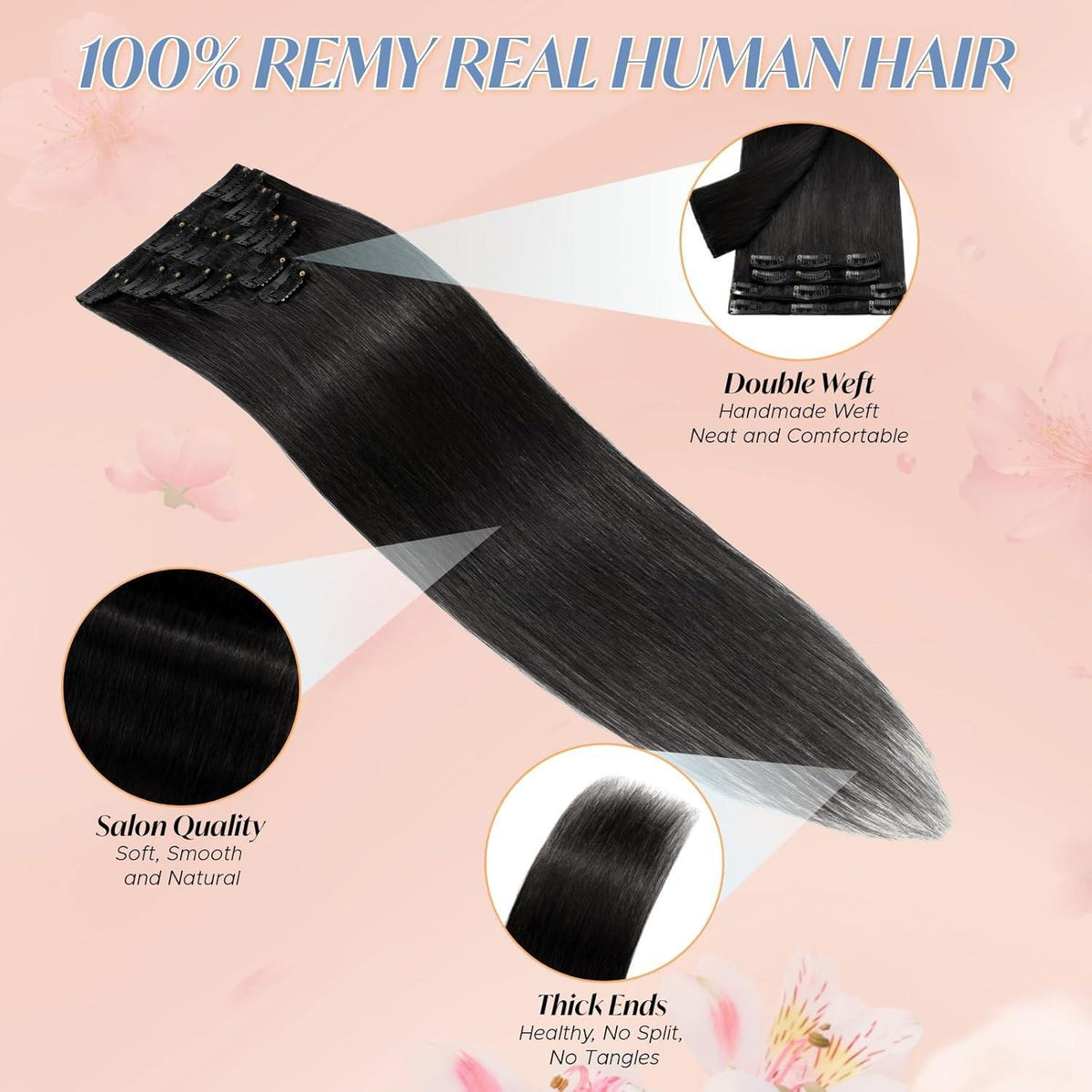 Clip-in Haarverlängerung Echthaar Schwarz 45cm - 8 Wefts