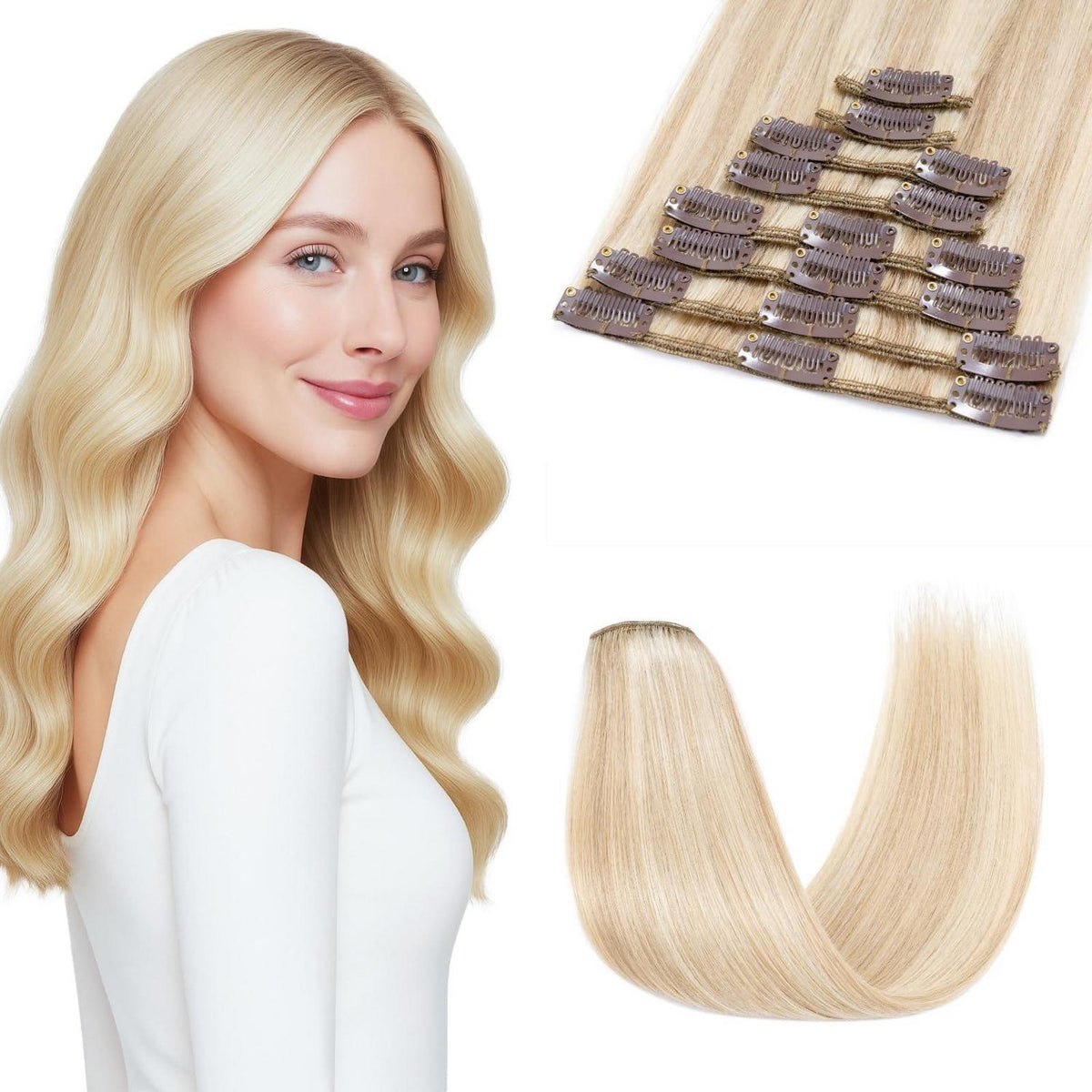 Echthaar Clip-Ins Ascheblond/Blond 40cm - Remy Haarverlängerung