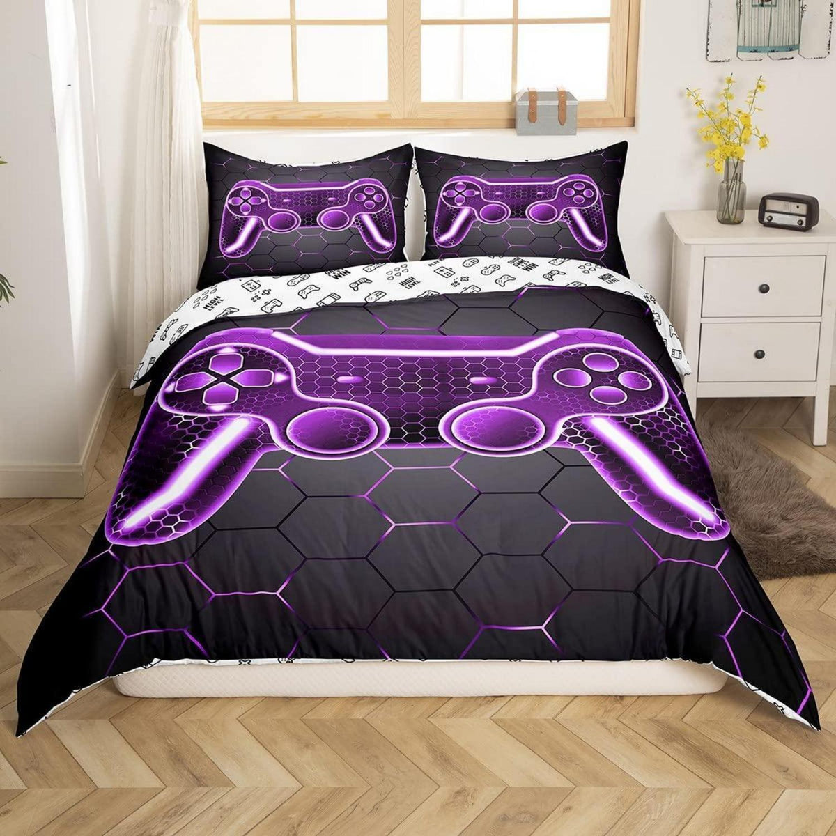 Gamer Bettwäsche Set 135x200cm – Lila Schwarz Geometrisch