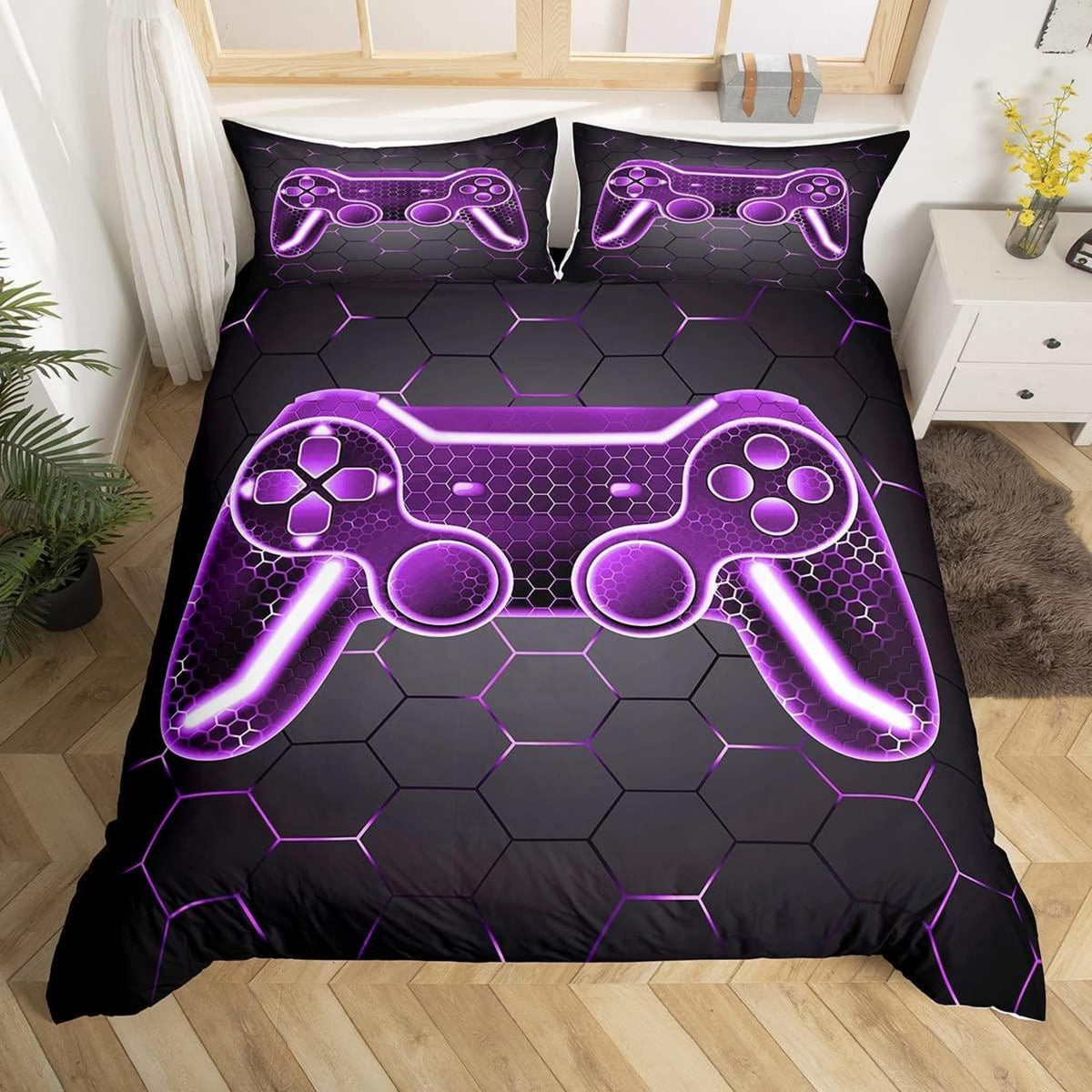 Gamer Bettwäsche Set 135x200cm – Lila Schwarz Geometrisch