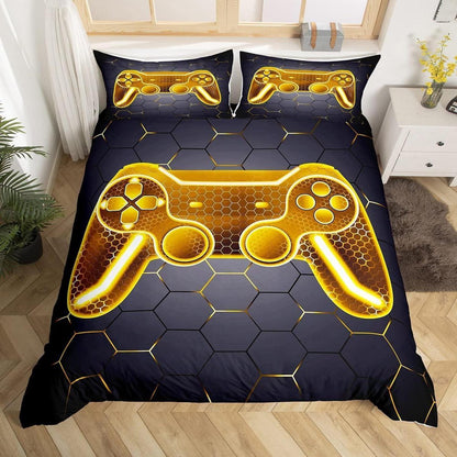 Gamer Bettwäsche Set 220x240cm - Gelb Schwarz Gaming Design