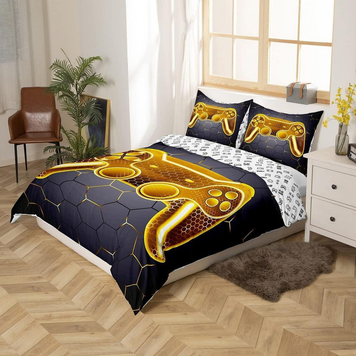 Gamer Bettwäsche Set 220x240cm - Gelb Schwarz Gaming Design
