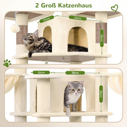 XXL Kratzbaum Beige mit Hängematte – 204cm für Katzen