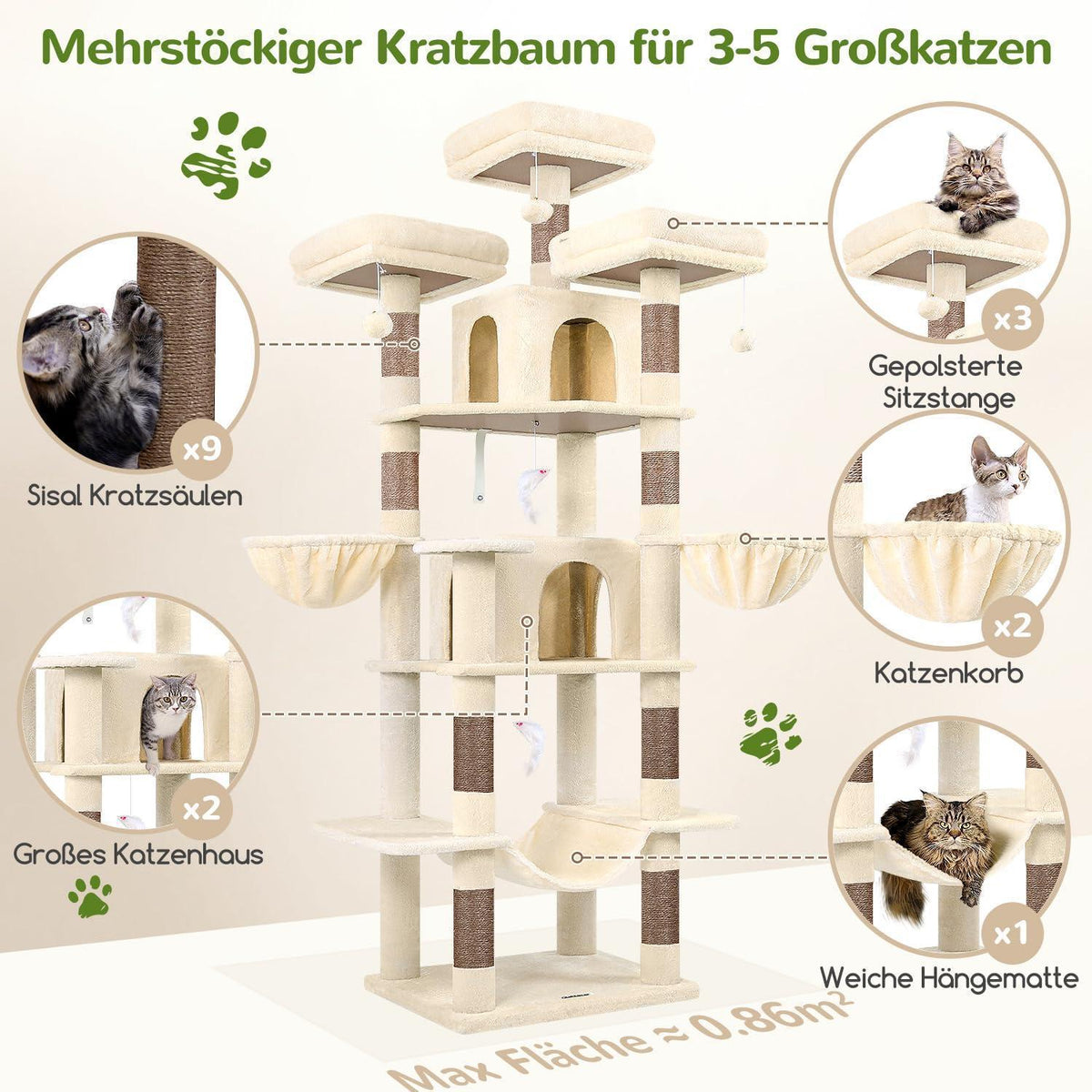 XXL Kratzbaum Beige mit Hängematte – 204cm für Katzen