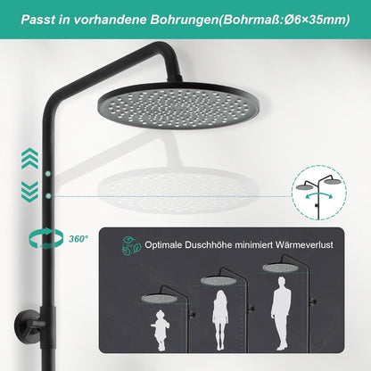 Rundes Duschsystem Schwarz – Höhenverstellbar & 6 Strahlarten
