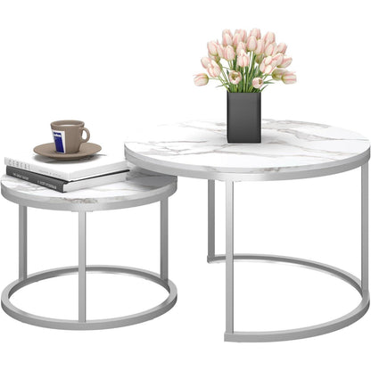 Runder Marmor Couchtisch Weiß & Silber 2er Set