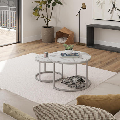 Runder Marmor Couchtisch Weiß & Silber 2er Set