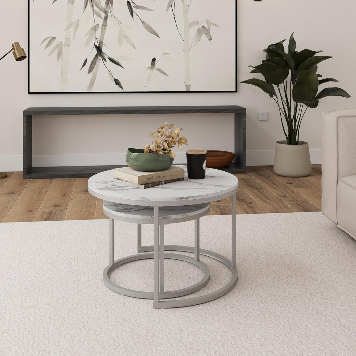 Runder Marmor Couchtisch Weiß & Silber 2er Set