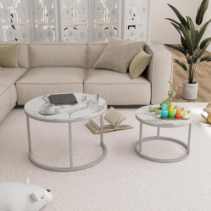 Runder Marmor Couchtisch Weiß & Silber 2er Set