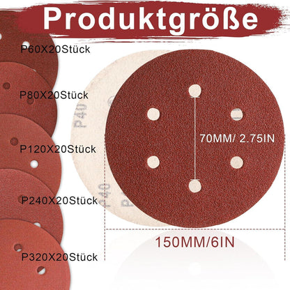 Schleifpapier 150mm Klett, 100 Stück, gemischte Körnung