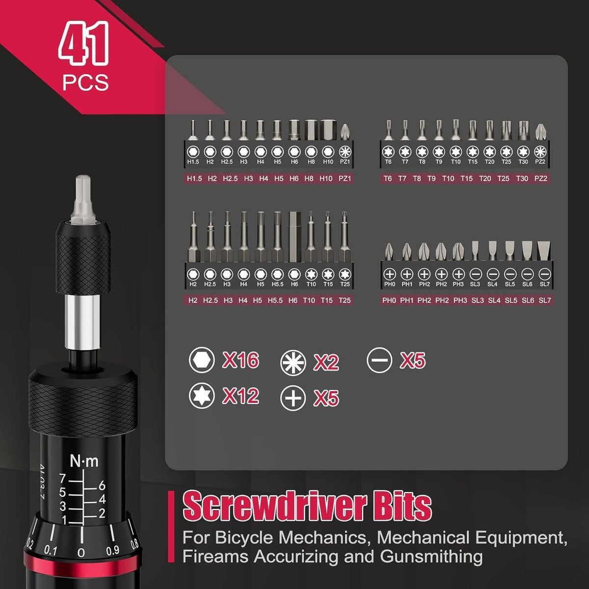 Drehmomentschraubendreher Set 1-7 Nm, 41-teilig, 1/4 Zoll, Rot