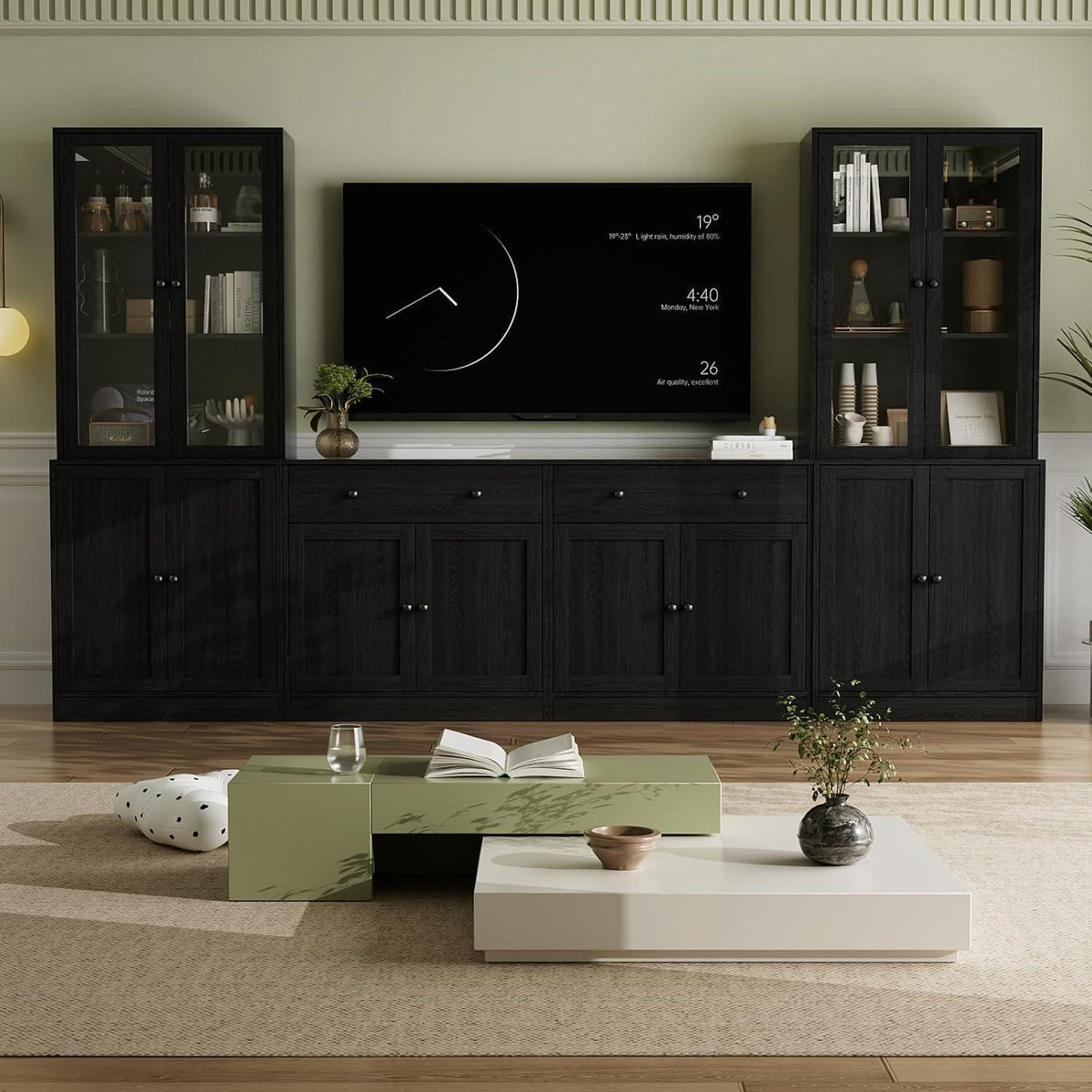 Großer TV-Schrank mit Bücherregalen & Glastüren (280cm)