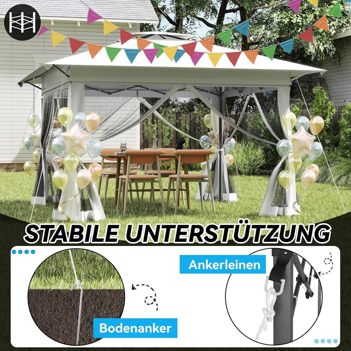 Faltbarer Gartenpavillon 4x4m mit EIN-Klick-Aufbau