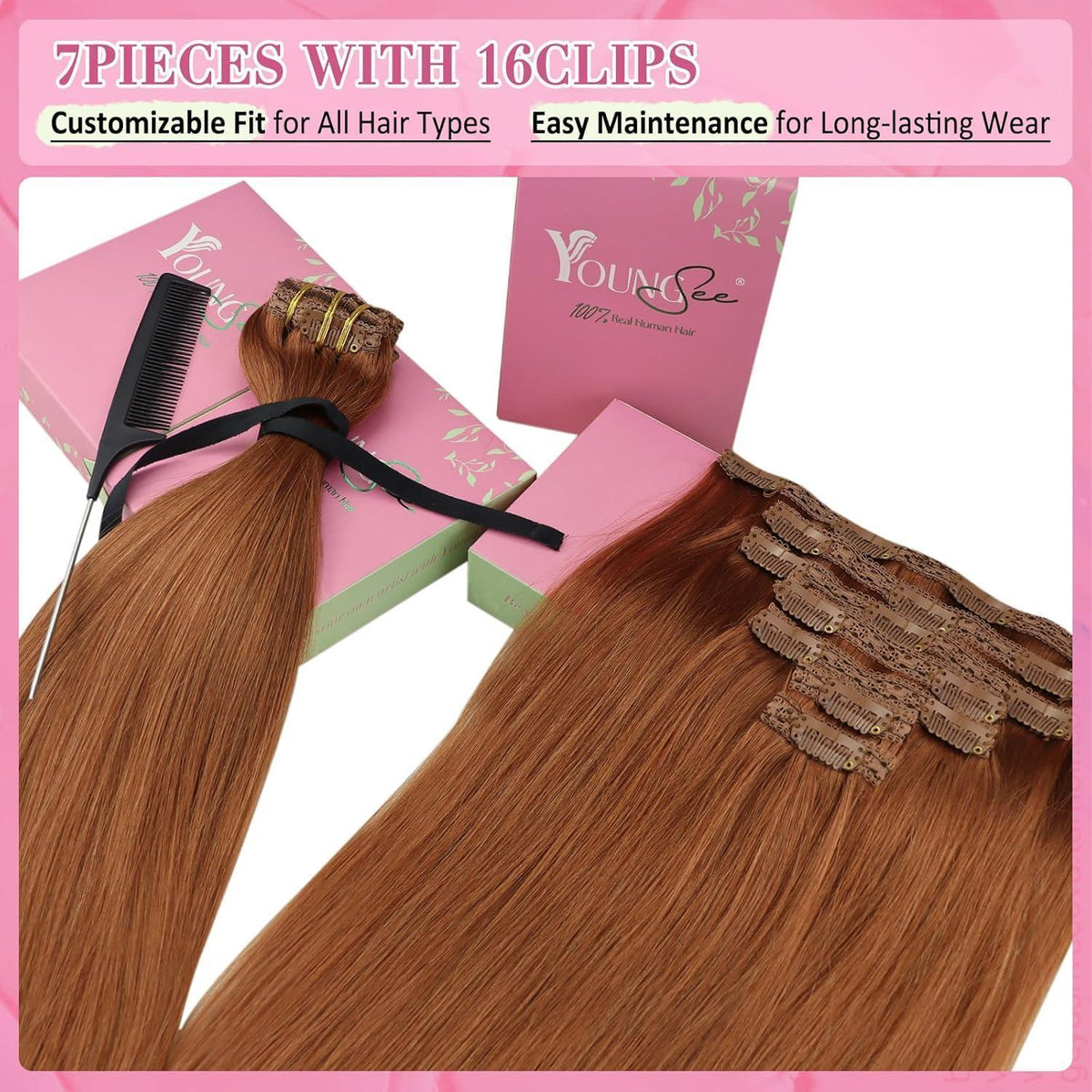 Clip-in Echthaarverlängerung 40cm Rotbraun – Salon Qualität