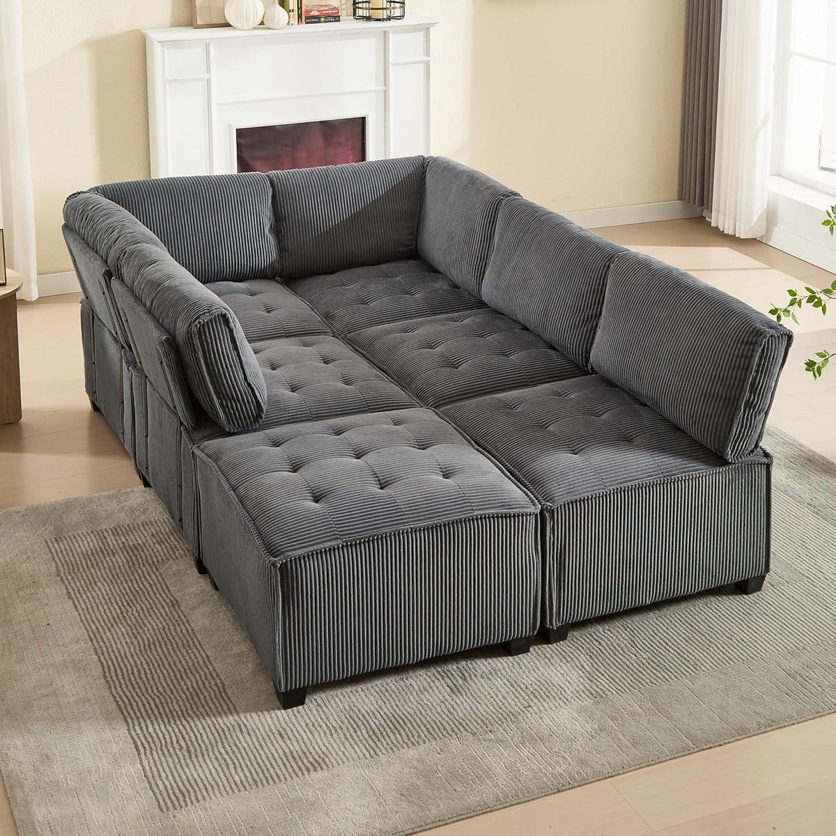 Flexibles 6-Sitzer Sofa (308cm) Grau, Cordstoff & Schlafsofa