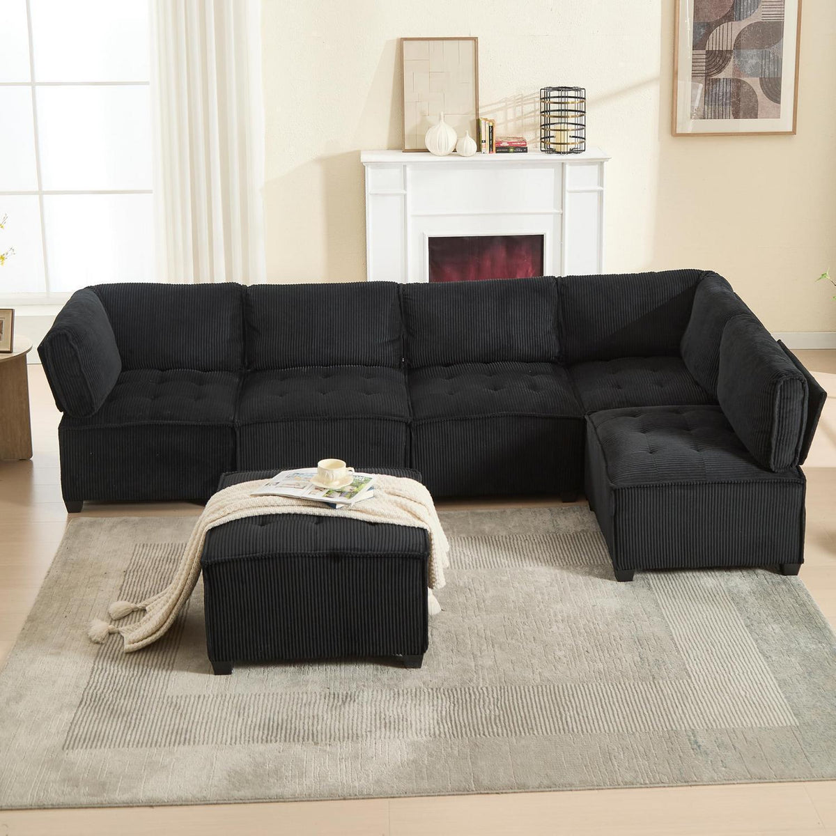 Flexibles 6-Sitzer Sofa Schwarz, Cordstoff, U-/L-Form & Schlafsofa