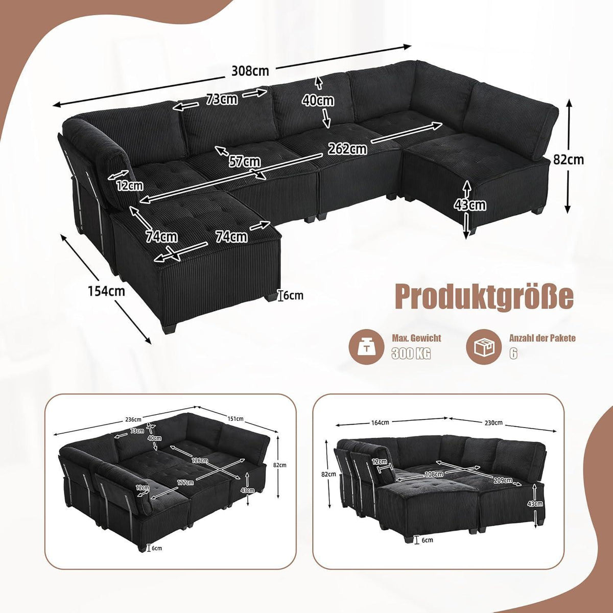 Flexibles 6-Sitzer Sofa Schwarz, Cordstoff, U-/L-Form & Schlafsofa