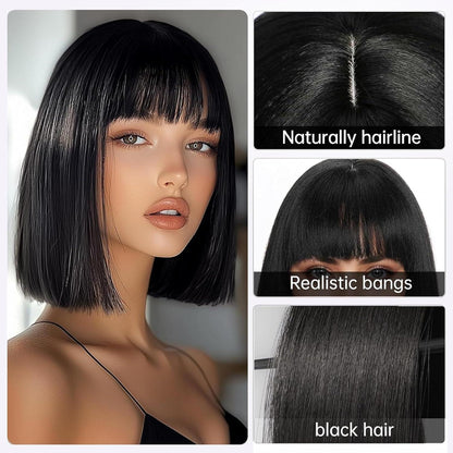 Schwarz Blonde Bob Perücke mit Pony – Kurzer Bob für Fasching & Halloween
