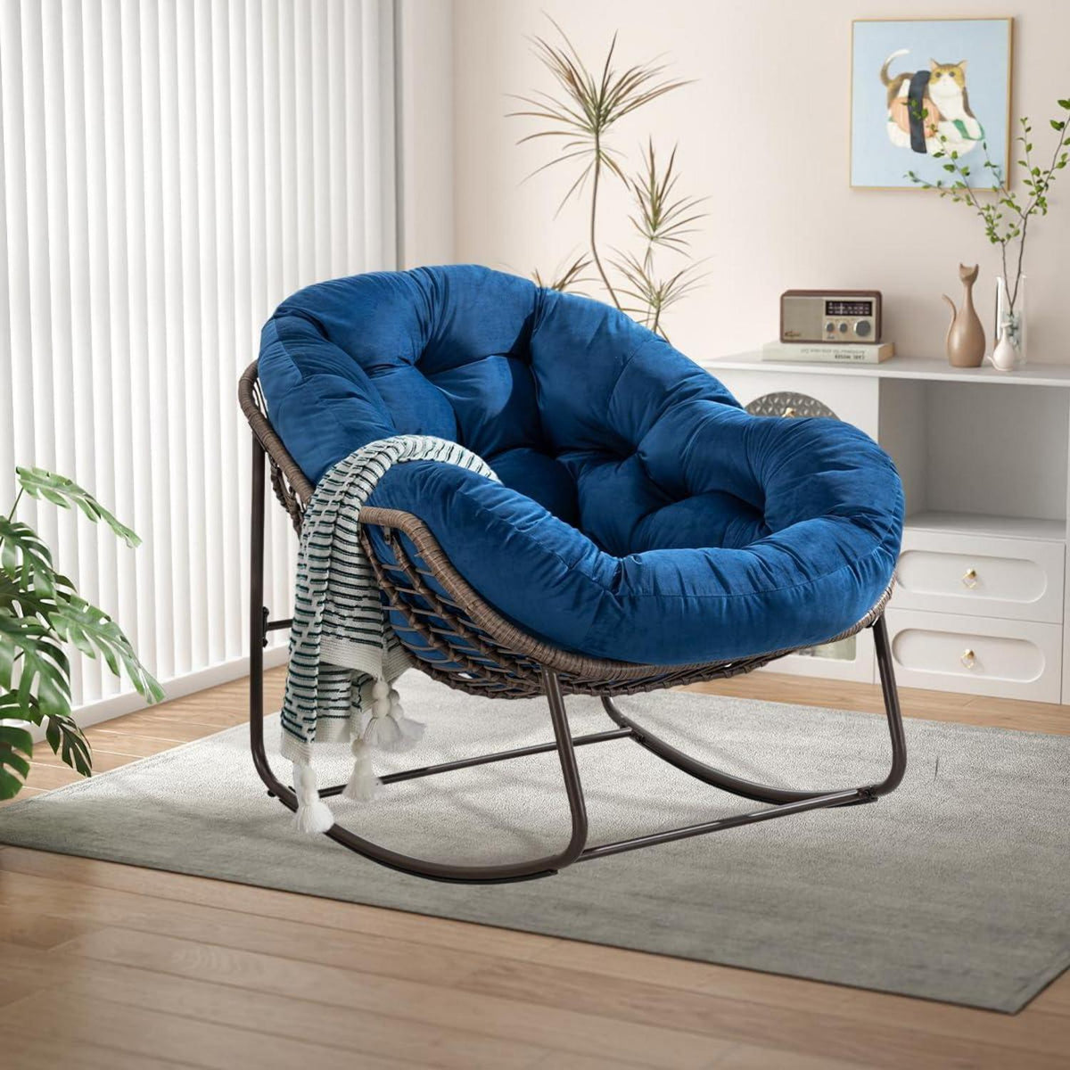 Rattan Schaukelstuhl Eiförmig Samt Blau/Dunkelblau – Indoor & Outdoor