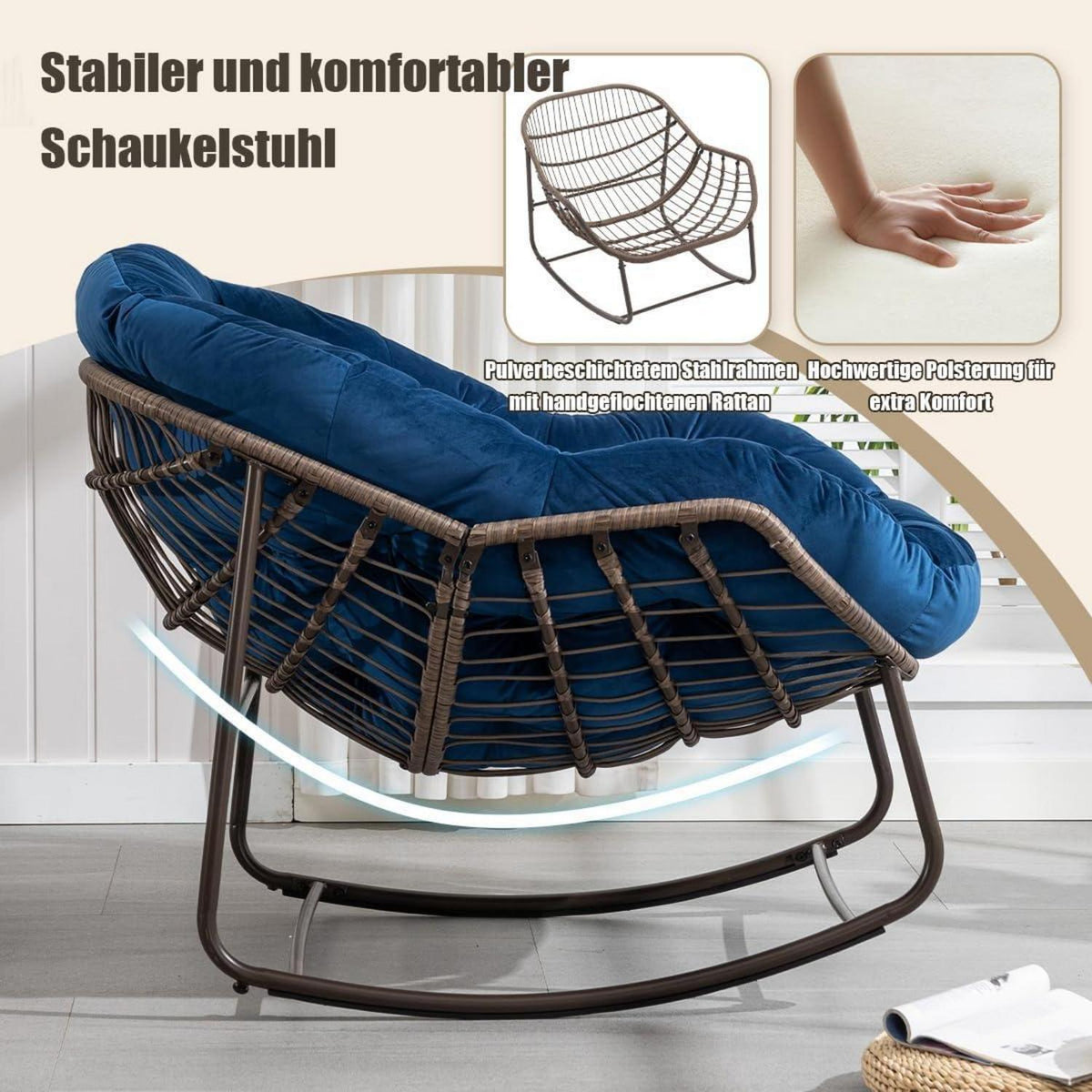Rattan Schaukelstuhl Eiförmig Samt Blau/Dunkelblau – Indoor & Outdoor