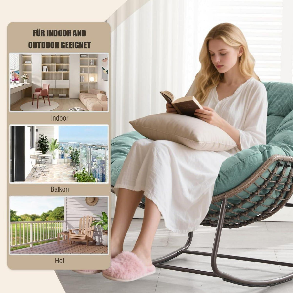 Rattan Schaukelstuhl Eiförmig – Loungesessel Indoor & Outdoor Grün