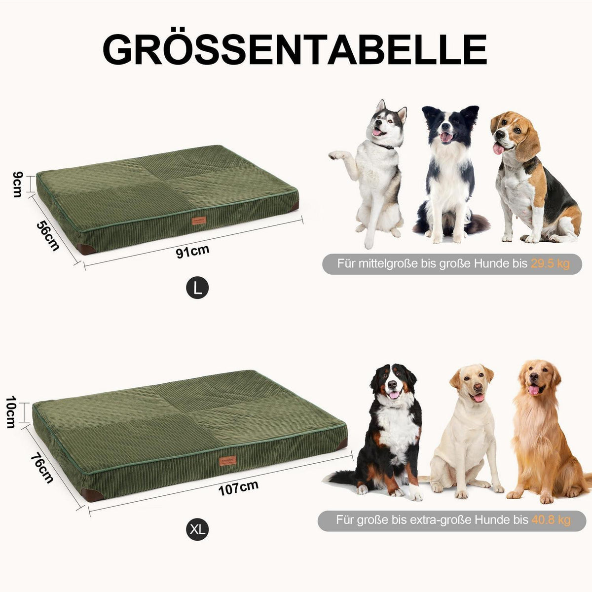 Orthopädisches Hundebett Groß – Grün, 107x76x10 cm