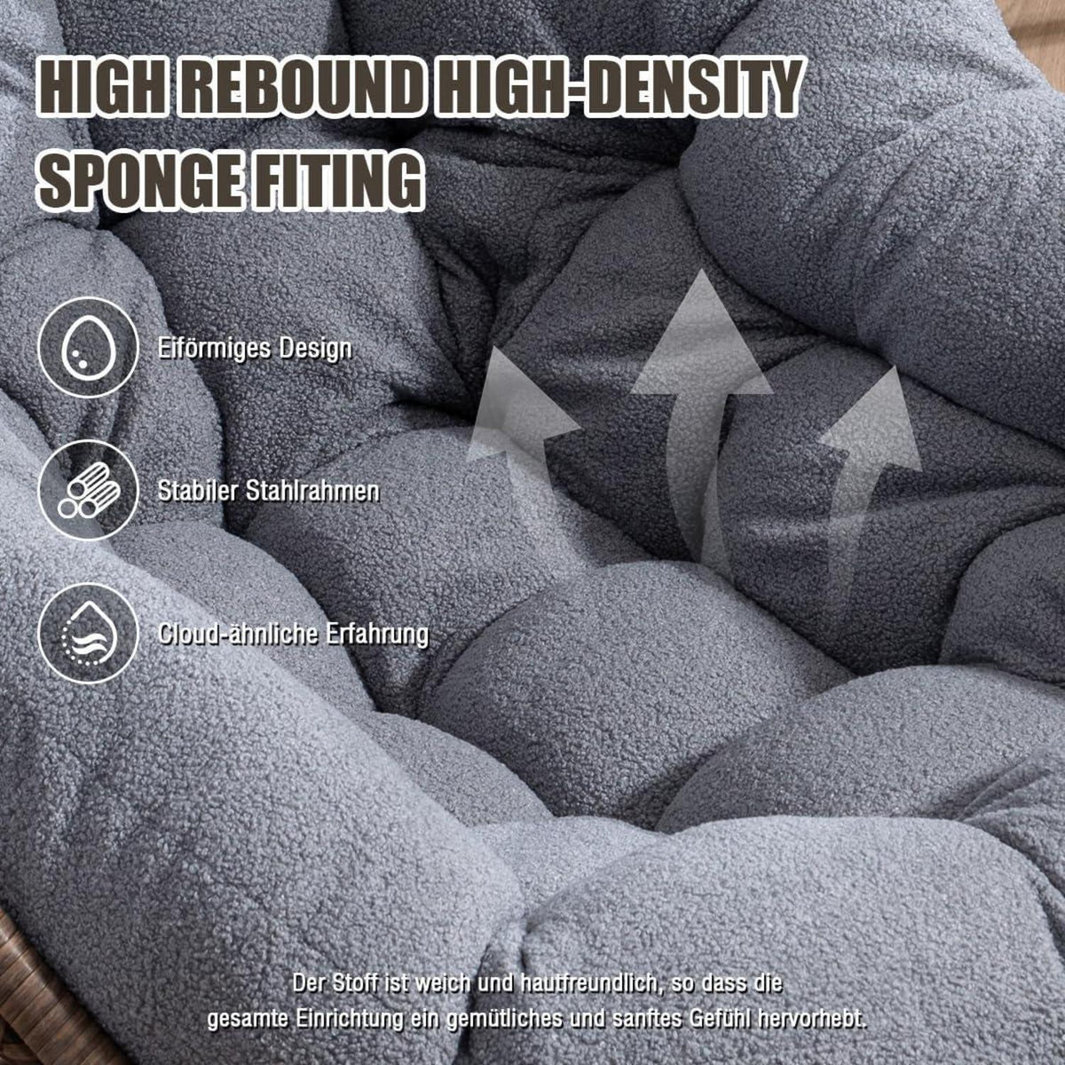 Rattan Schaukelstuhl mit Sherpa Fleece - Grau, Indoor & Outdoor