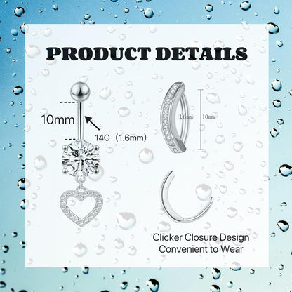 Bauchnabelpiercing Set 8 Stück Chirurgenstahl mit Zirkonia Herz Schmetterling