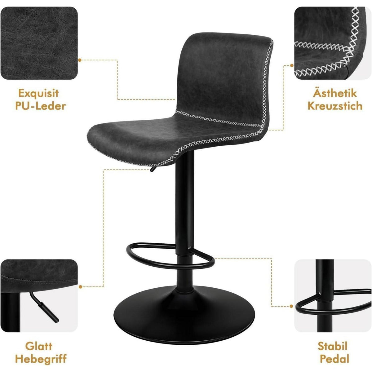 Barhocker Set 2er, Gepolstert, Drehbar, Dunkelgrau