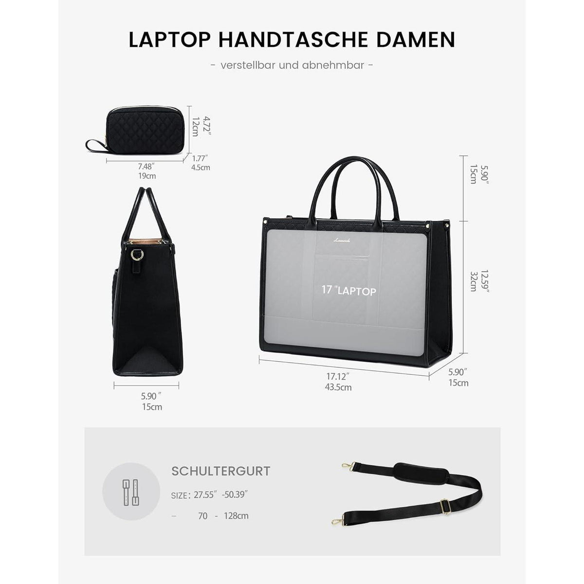Laptoptasche Damen 17 Zoll, wasserabweisend, dunkelblau