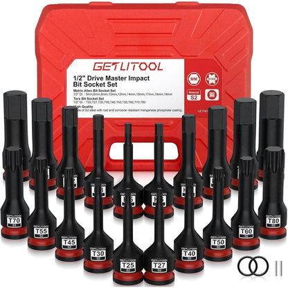 20tlg. Schlagschrauber Nüsse 1/2" Sechskant & Torx S2 Stahl 78mm lang