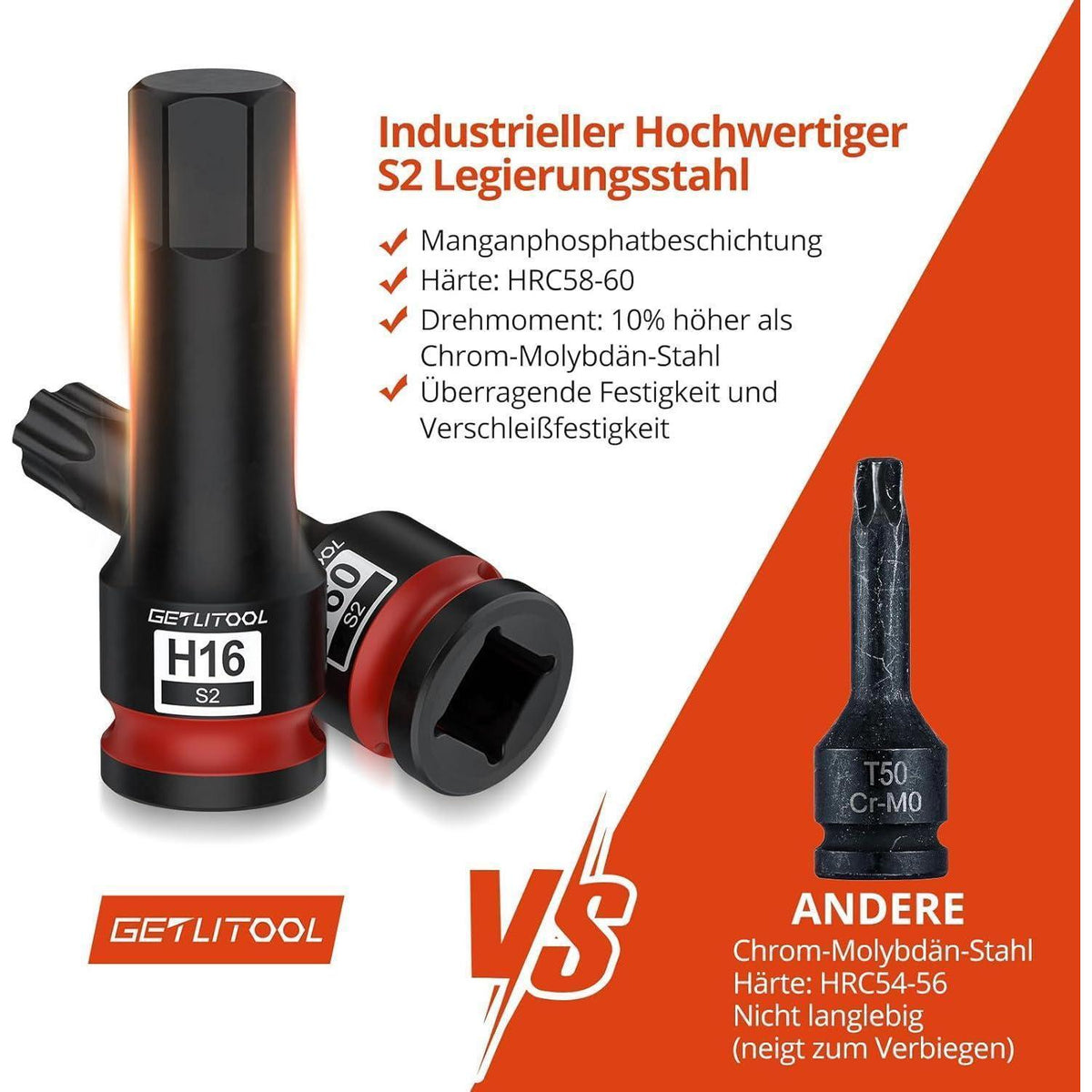 20tlg. Schlagschrauber Nüsse 1/2" Sechskant & Torx S2 Stahl 78mm lang