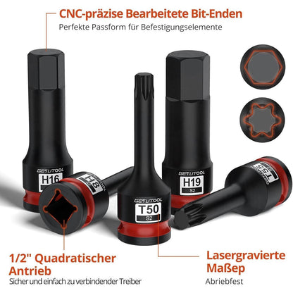 20tlg. Schlagschrauber Nüsse 1/2" Sechskant & Torx S2 Stahl 78mm lang