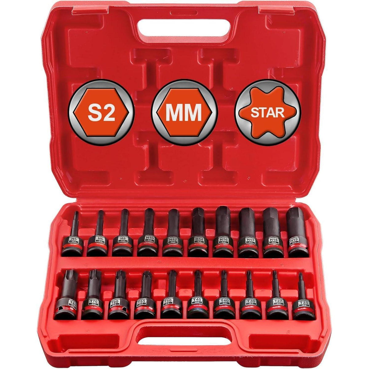 20tlg. Schlagschrauber Nüsse 1/2" Sechskant & Torx S2 Stahl 78mm lang