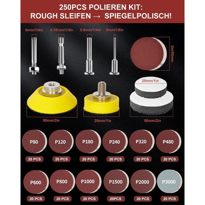 250x Schleifscheiben 50mm Klett für Bohrer & Dremel | 80-3000 Körnung