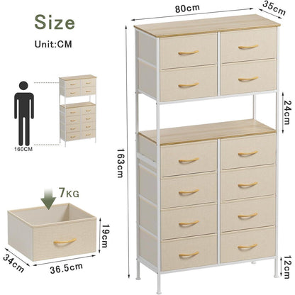 Hochkommode mit 12 Schubladen – Beige, Metallgestell, 80x163 cm