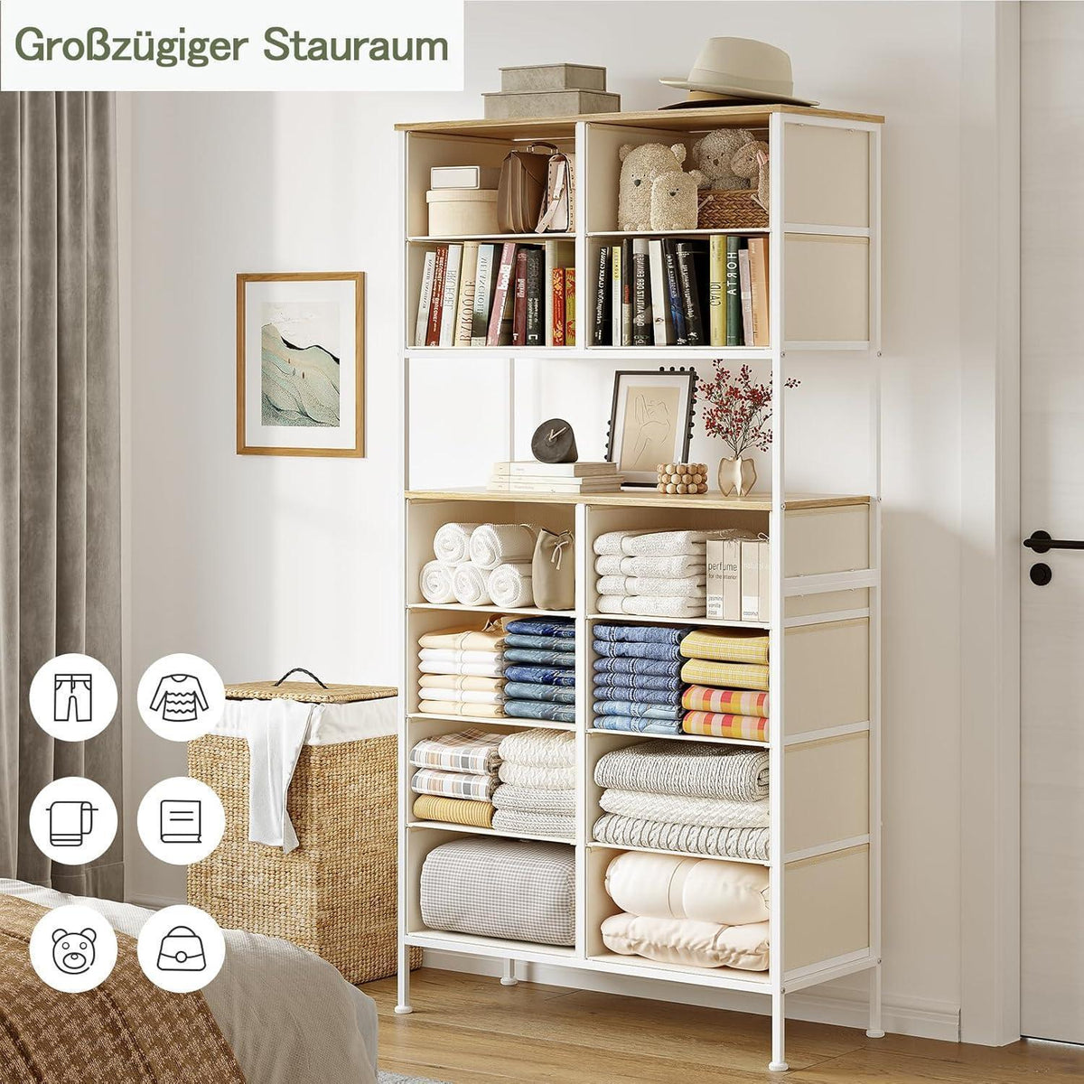 Hochkommode mit 12 Schubladen – Beige, Metallgestell, 80x163 cm