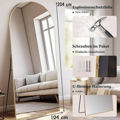 Gewölbter Ganzkörperspiegel 204x104cm – Stehspiegel Gold für Wohnzimmer