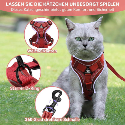Ausbruchsicheres Katzengeschirr mit Leine, Rot XS