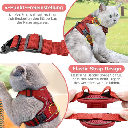 Ausbruchsicheres Katzengeschirr mit Leine, Rot XS