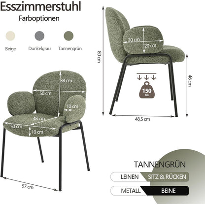 Esszimmerstühle 6er Set Tannengrün mit Armlehne & Leinenbezug