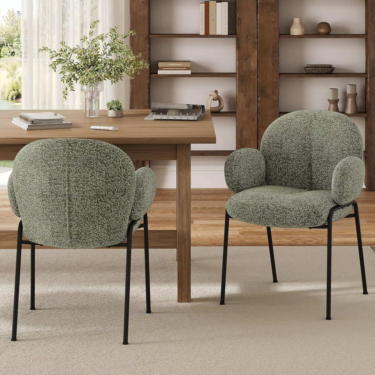 Esszimmerstühle 6er Set Tannengrün mit Armlehne & Leinenbezug