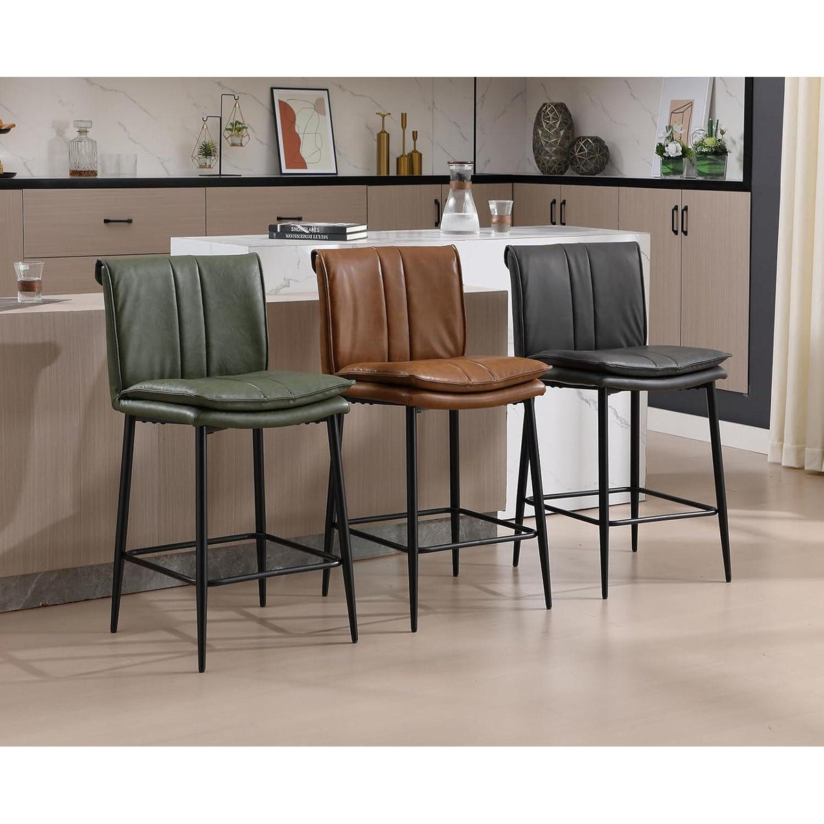 Barhocker Set 2er – Braun, Metallgestell in Lederoptik