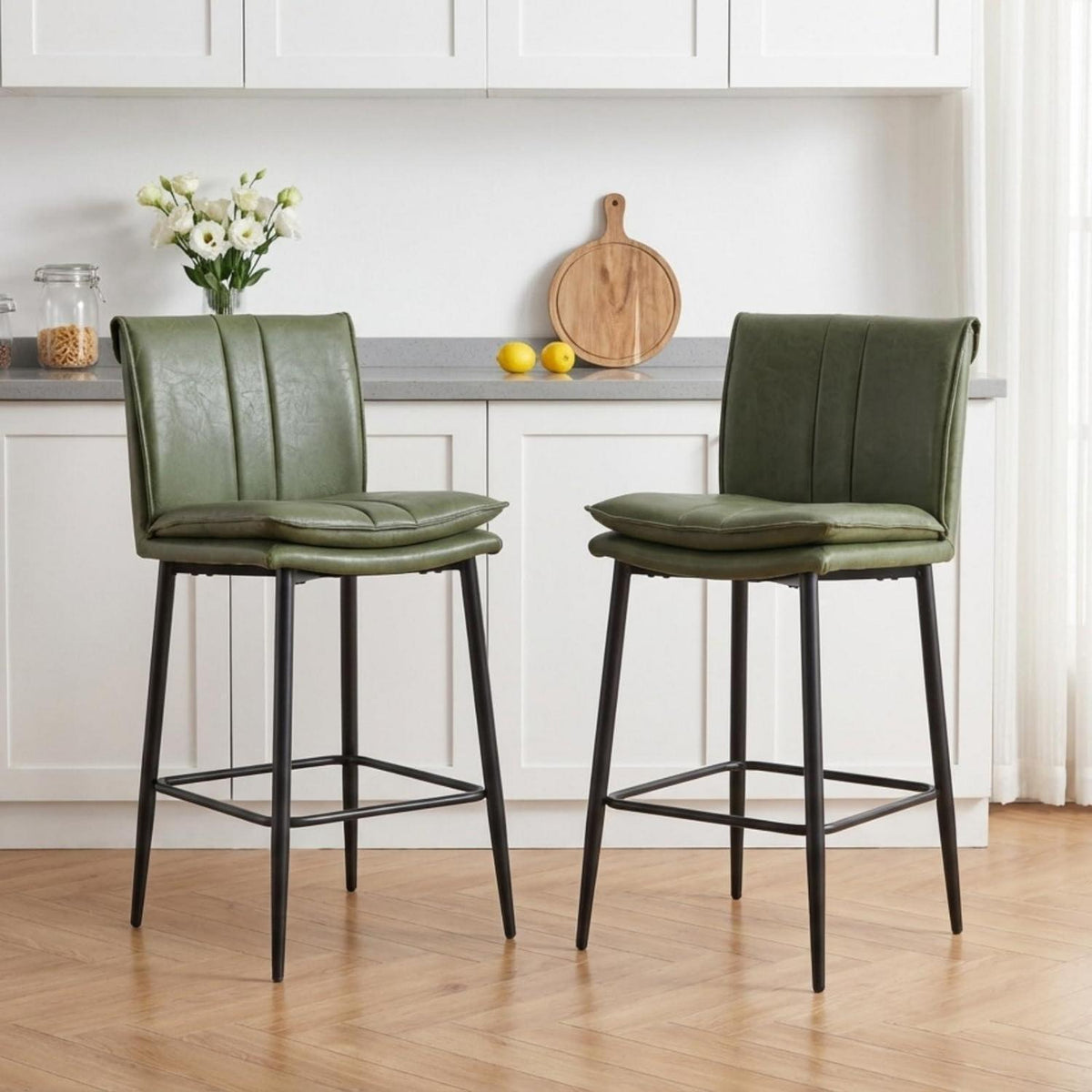 Grüner Barhocker 2er Set –, Metallgestell in Lederoptik