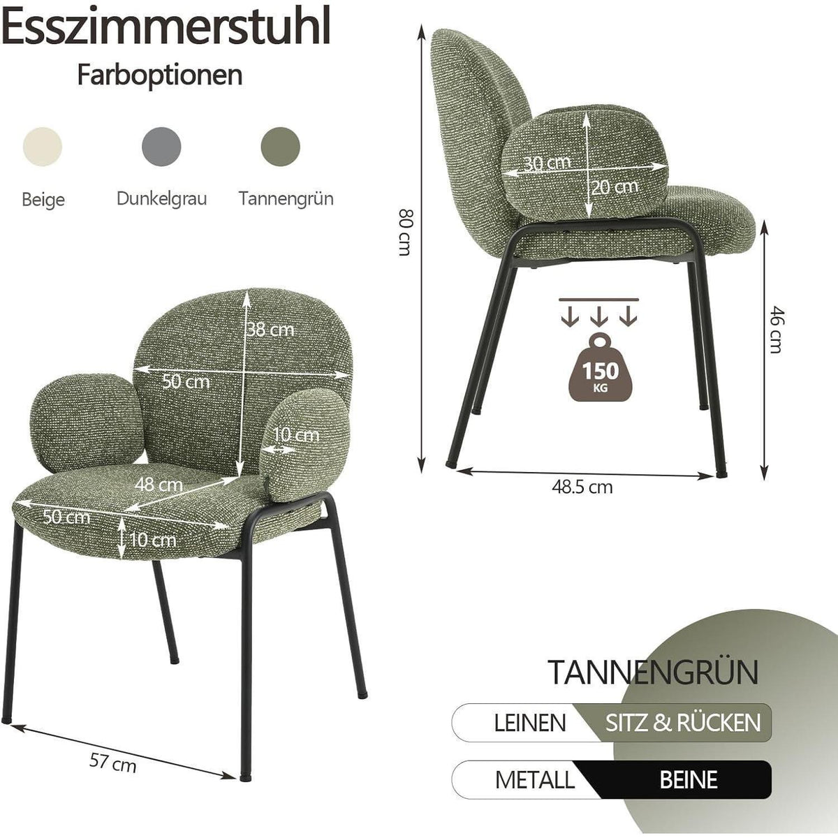 Esszimmerstühle 2er Set Tannengrün mit Armlehne & Leinenbezug