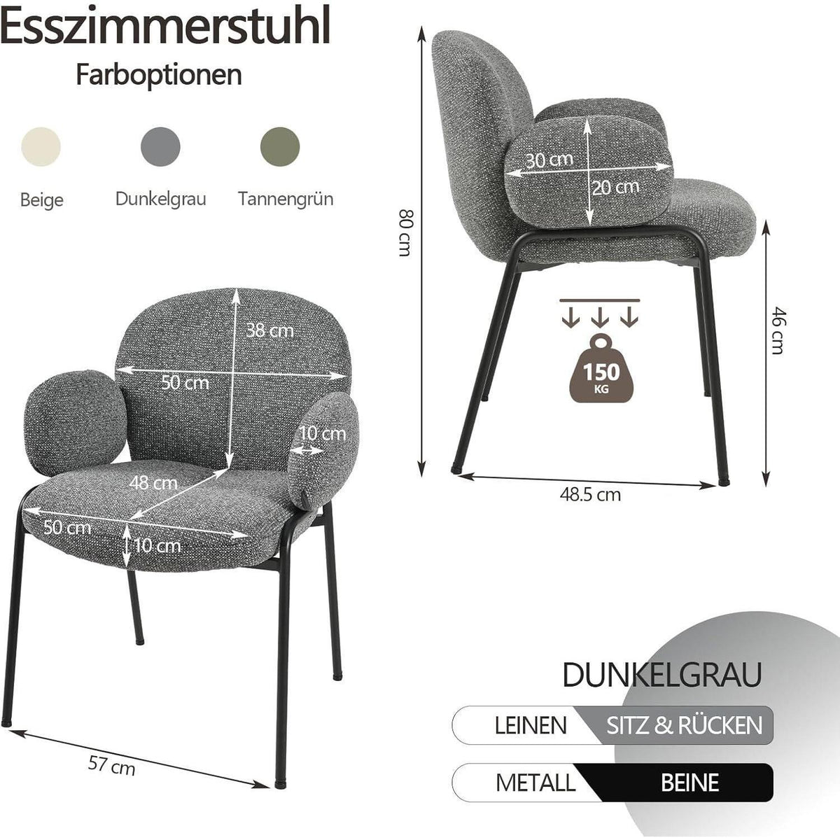 Esszimmerstühle 6er Set Dunkelgrau mit Armlehne & Leinenbezug