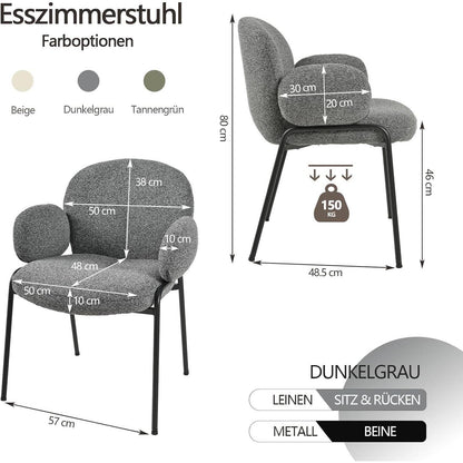Esszimmerstühle 2er Set Dunkelgrau mit Armlehne & Leinenbezug