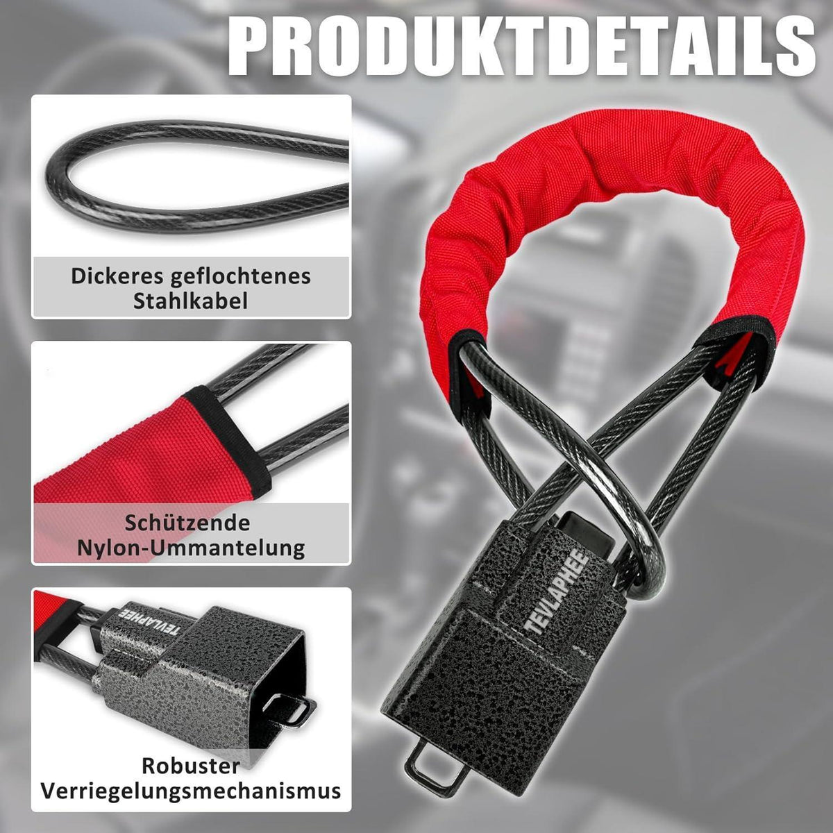 Lenkradschloss Rot, Universell, Doppeltes Diebstahlschutzsystem